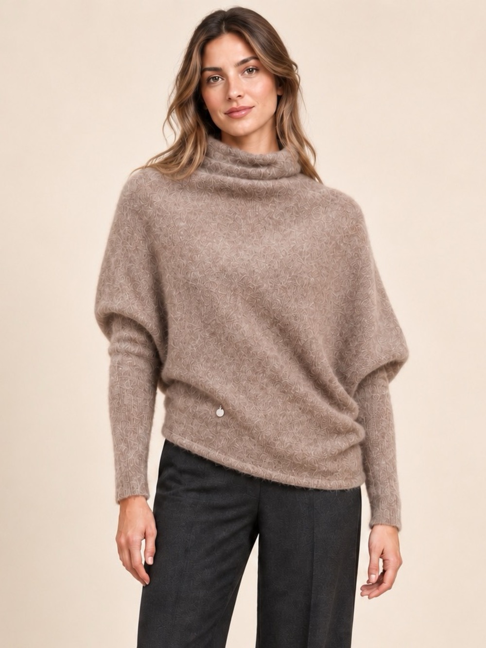 Adolfo Dominguez Designer Alpaca Merino Asymmetric Turtleneck Sweater Brown S